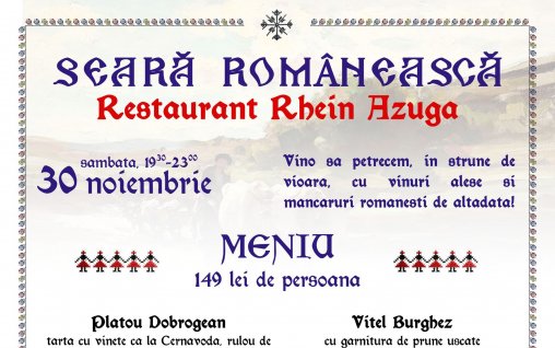 Seara romaneasca la Restaurantul Rhein din Azuga, sambata 30 noiembrie 