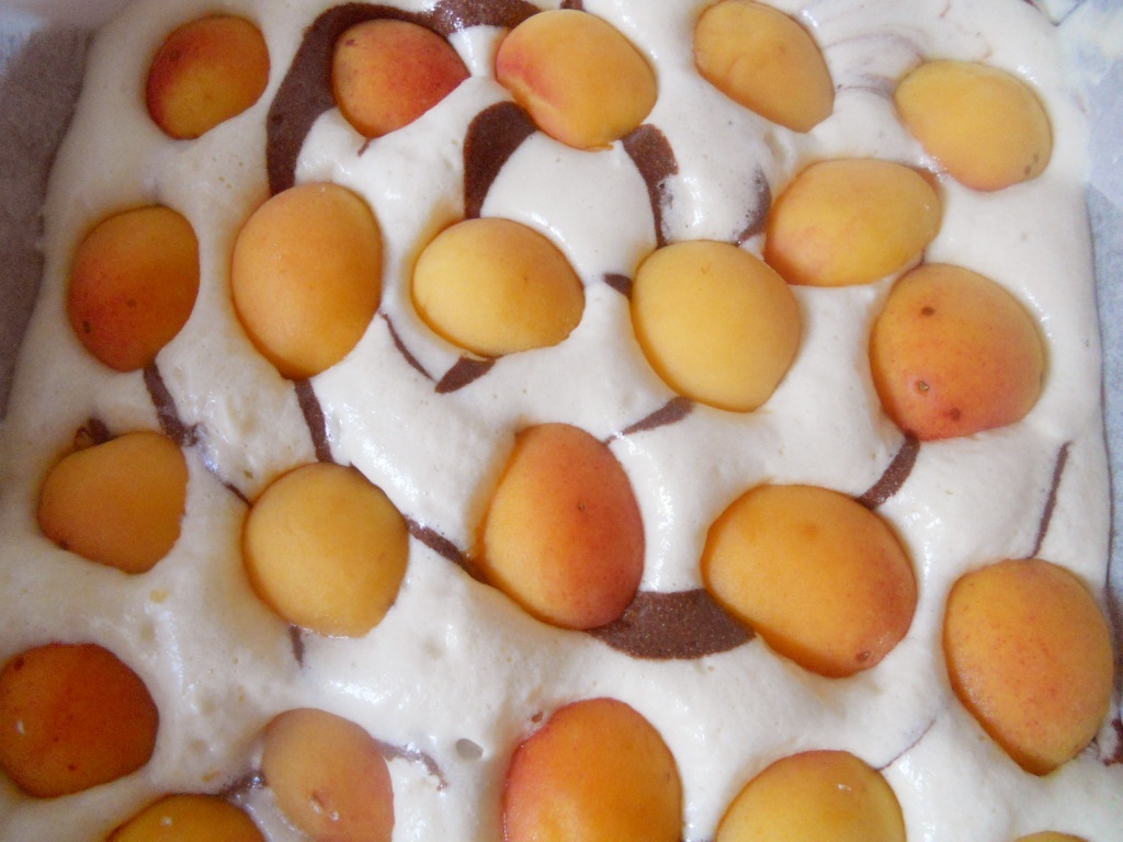 Prăjitură marmorată cu caise şi cremă de zmeură