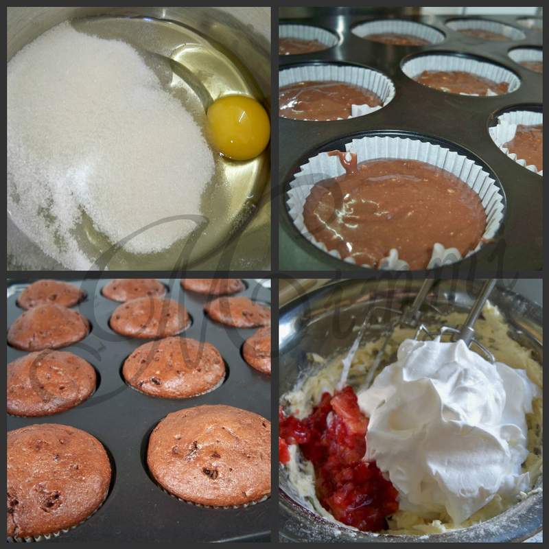 Muffins cu ciocolata si spuma de capsuni