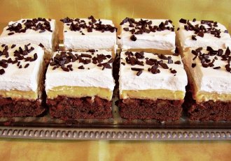 Desert prajitura cu blat ciocolatos si budinca de vanilie