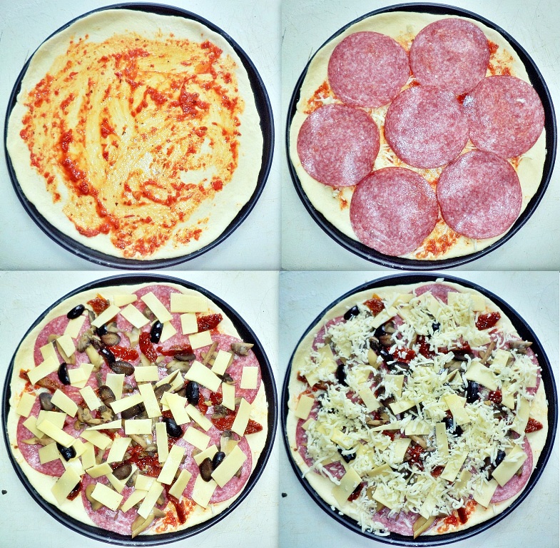 Pizza cu salam, rosii uscate si edamer