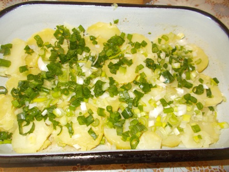 Cartofi cu ceapa verde si branza de capra