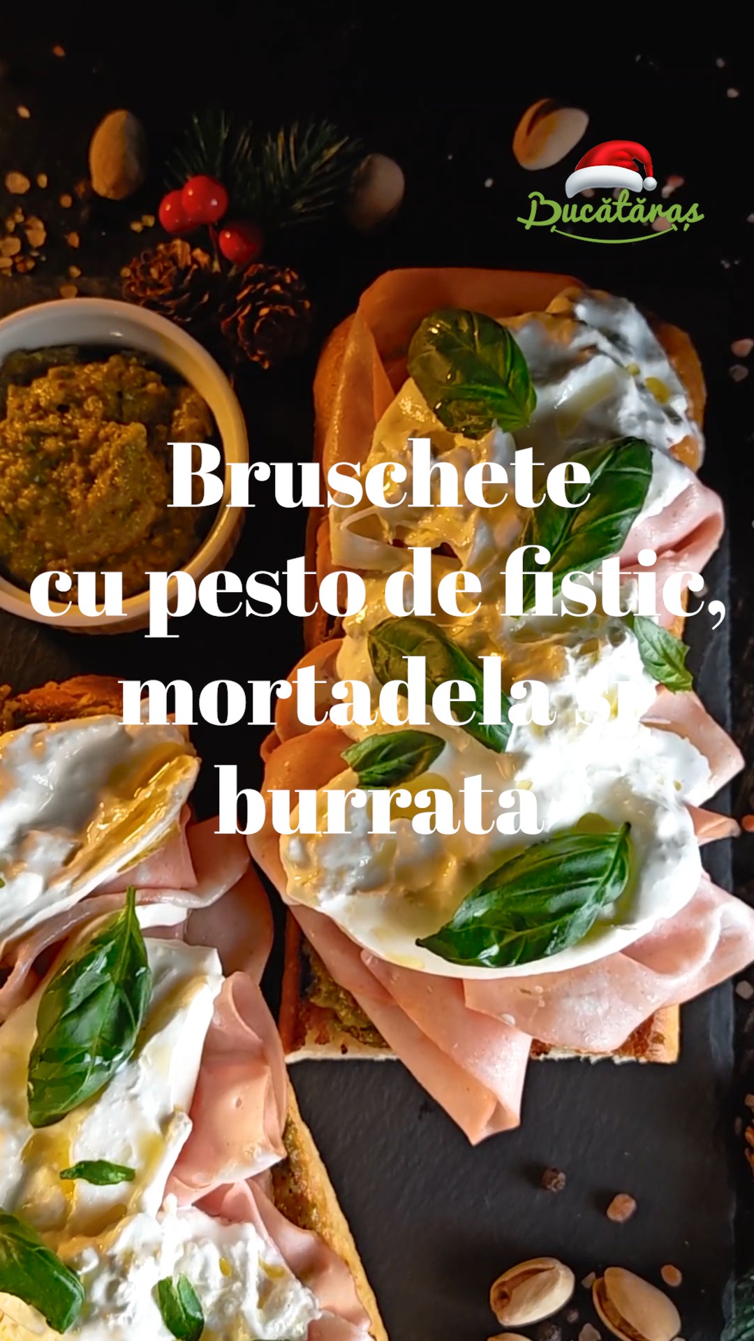 Bruschete cu pesto de fistic, mortadella și burrata - Rețeta ușoară și plină de savoare