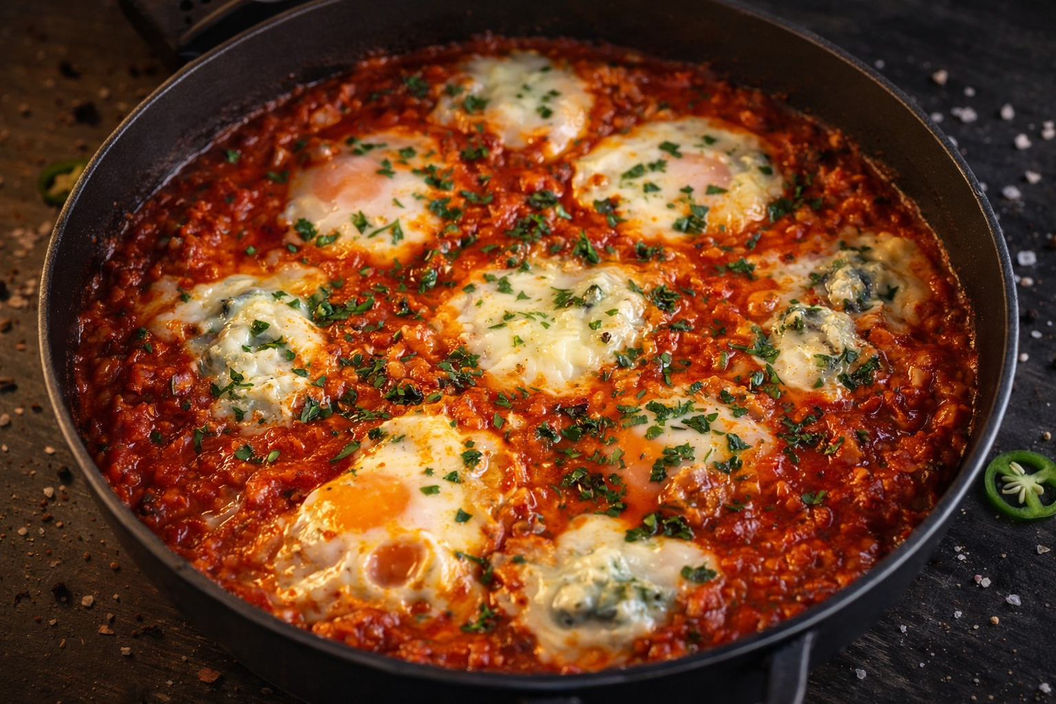 Shakshuka cu gorgonzola și salam chorizo - Rețeta savuroasă și rapidă